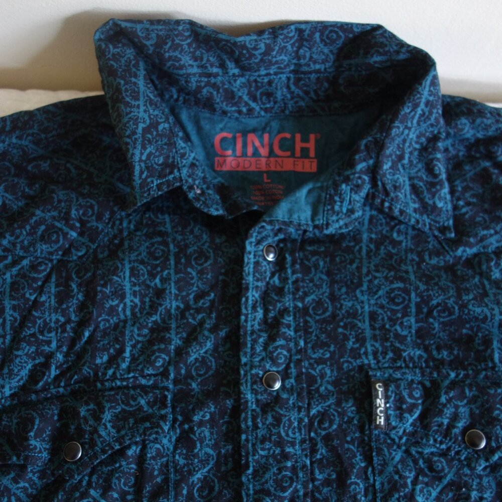 CINCH Western Cowboy Teal Black Paisley Pearl Snap Long Sleeve Shirt – Mens Larg